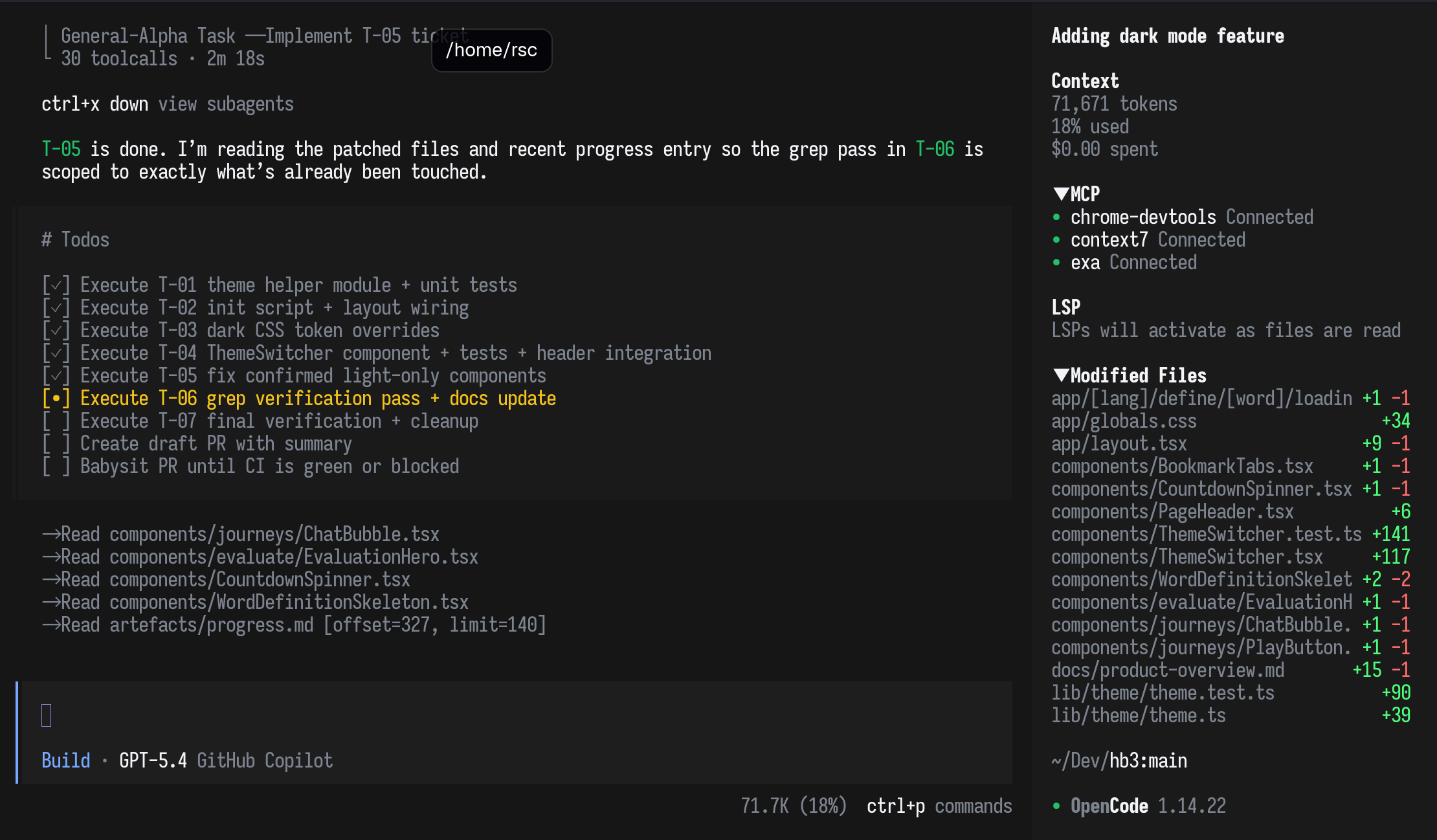 Screenshot of OpenCode implementing a dark mode feature across multiple tickets with subagents